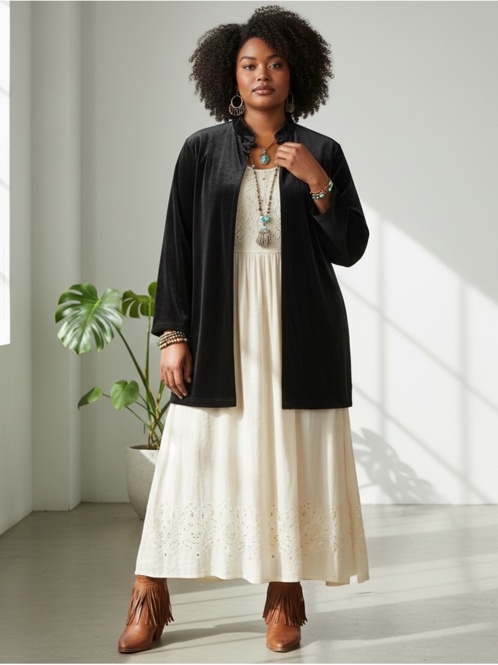 Ulla Popken Plus Black‎ Velvet Mandarin Collar Long Cardigan Duster - 2X